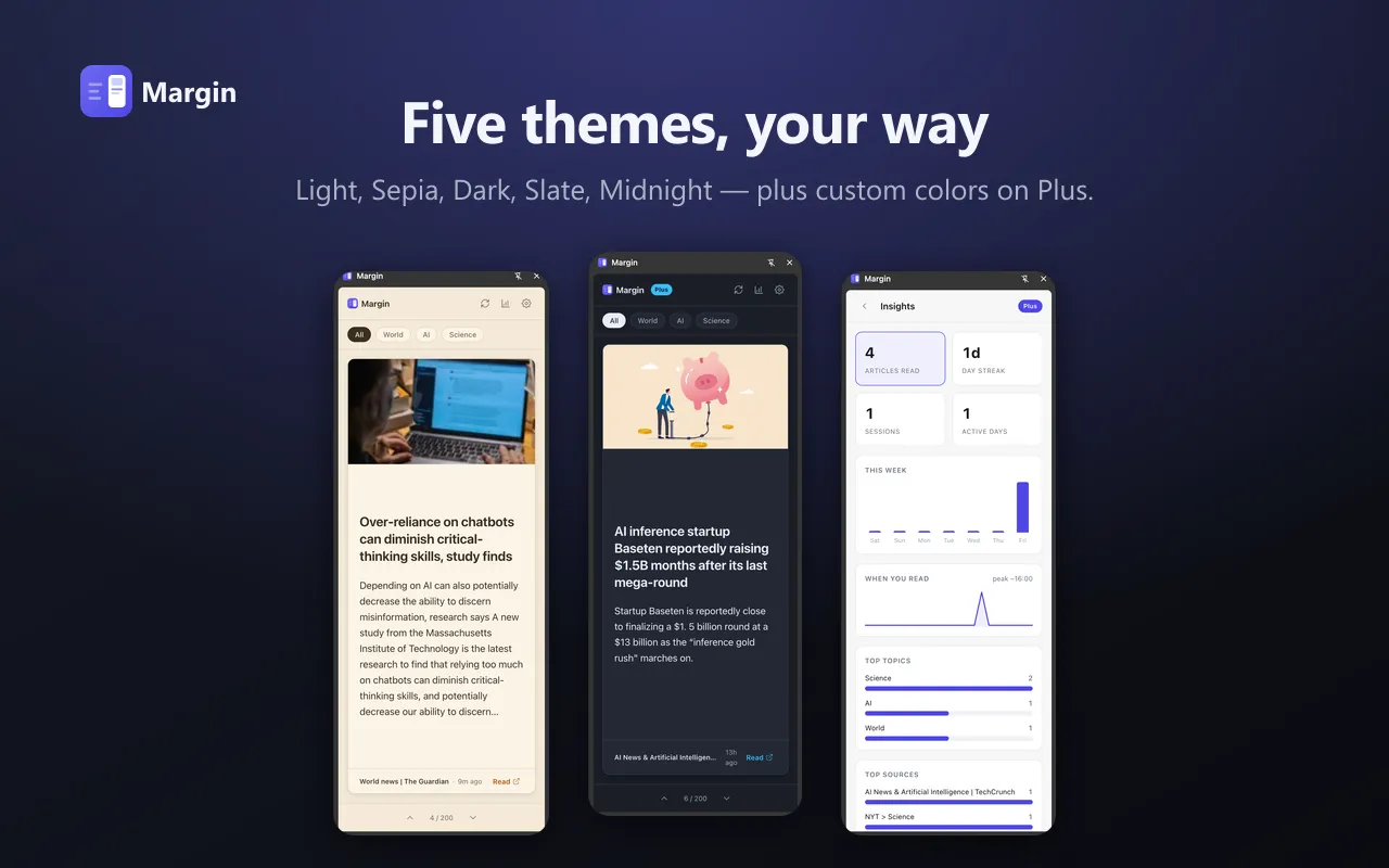 Screenshot of Margin - Bite-sized news in your side panel.