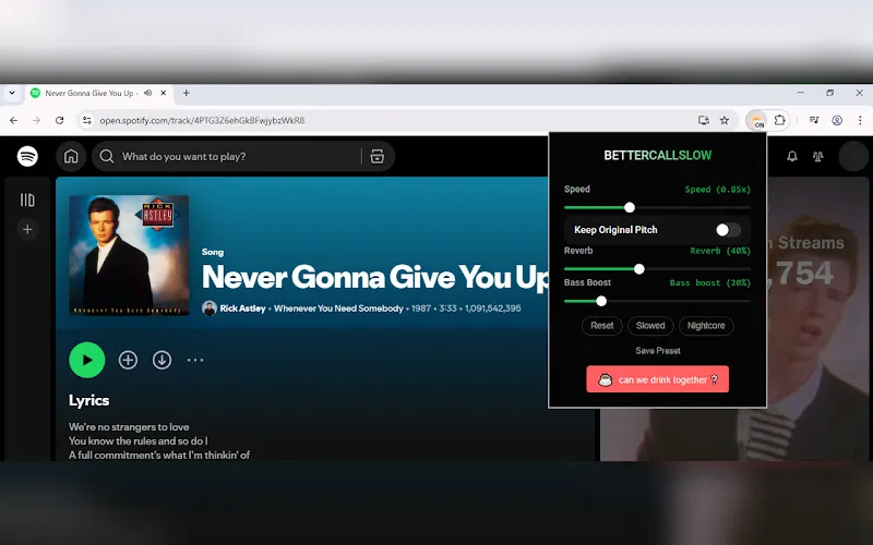 Screenshot of BetterCallSlow(Slow, reverb for Youtube, Spotify, Soundcloud)