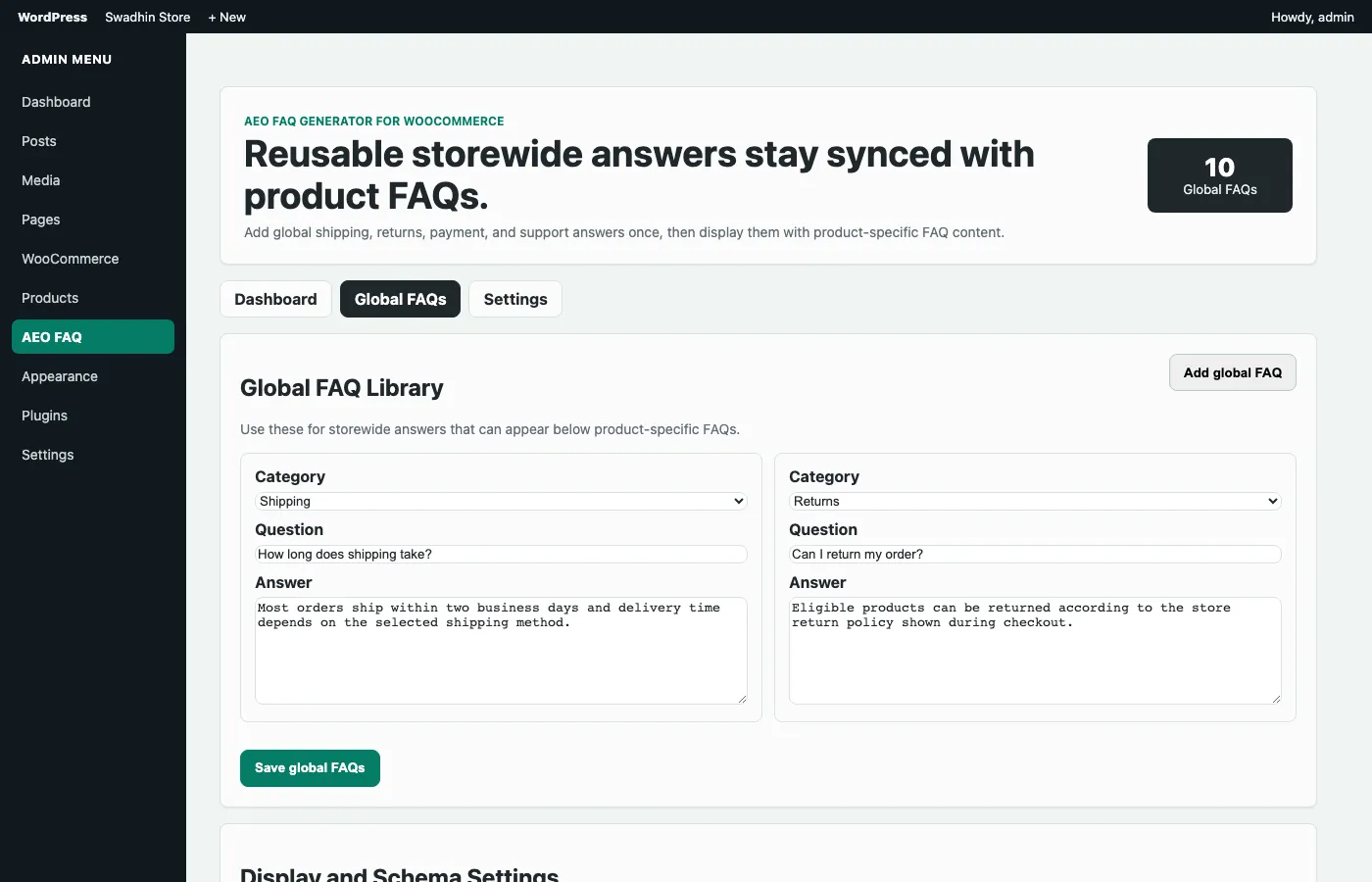 Screenshot of AEO FAQ Generator for WooCommerce