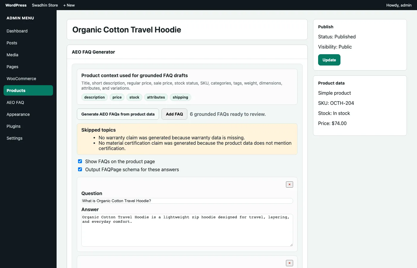 Screenshot of AEO FAQ Generator for WooCommerce