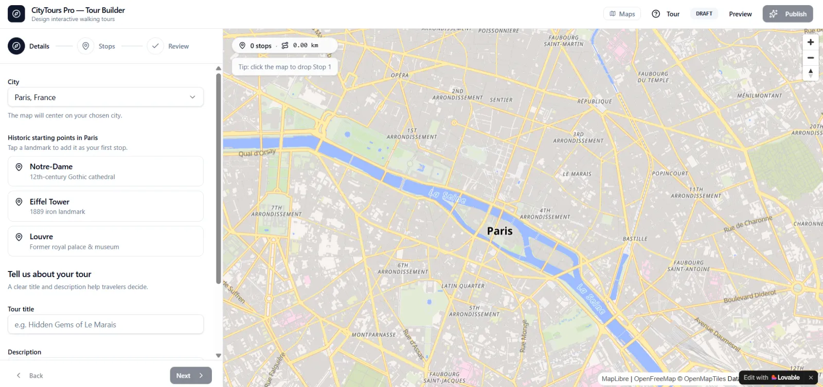 Screenshot of city tours