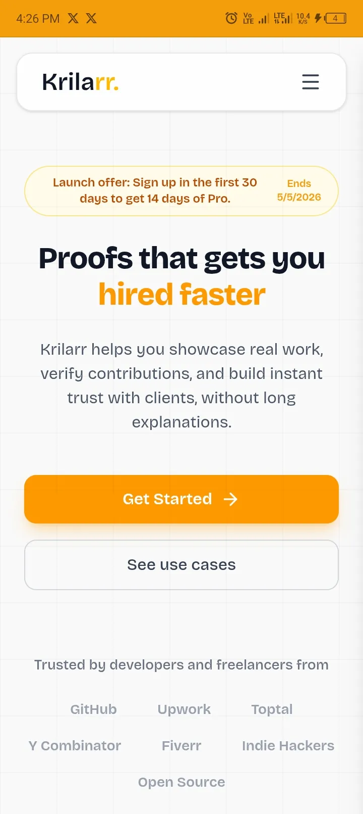 Screenshot of Krilarr - Verifiable Work for Developers and Freelancers