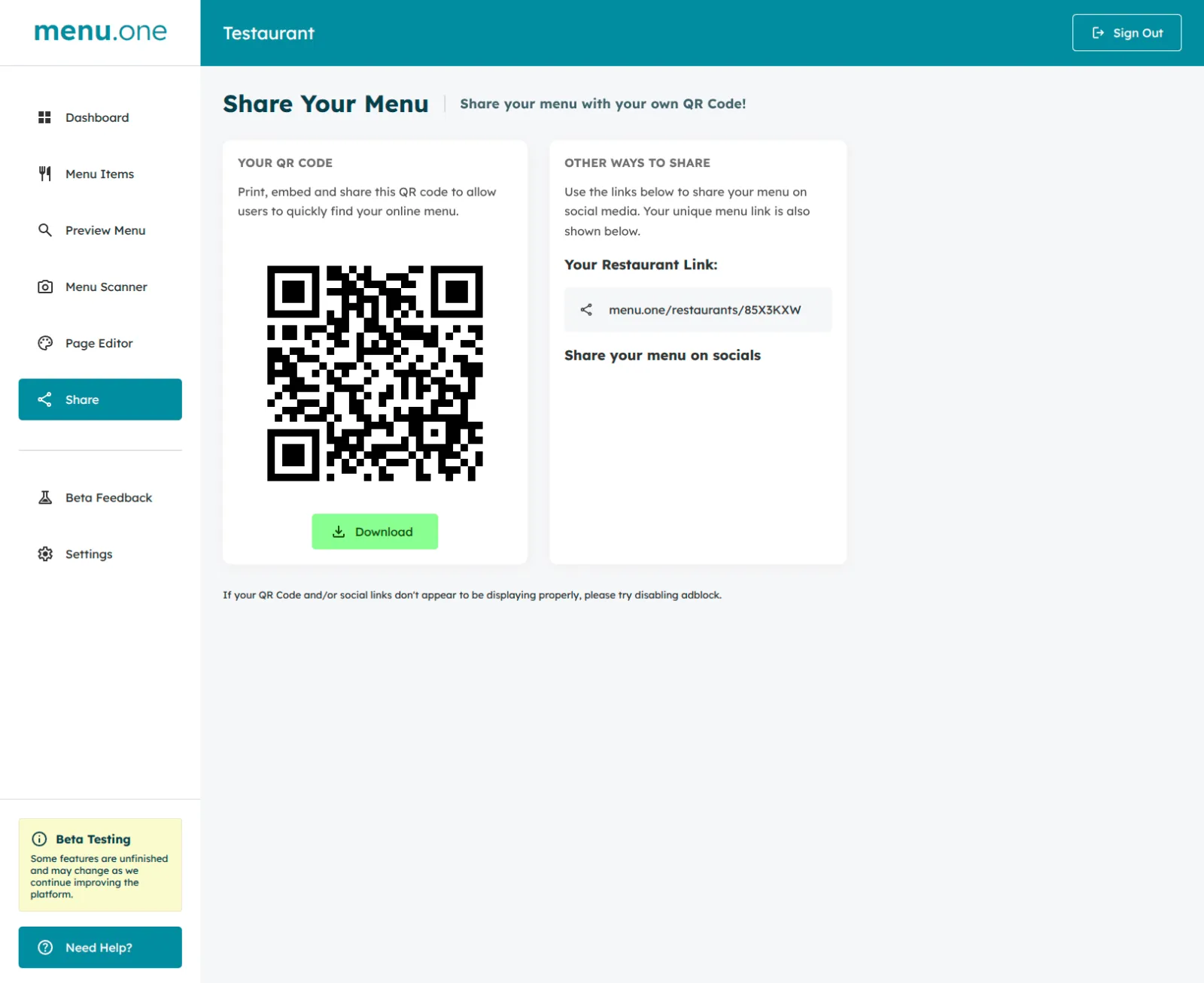 Screenshot of Menu One