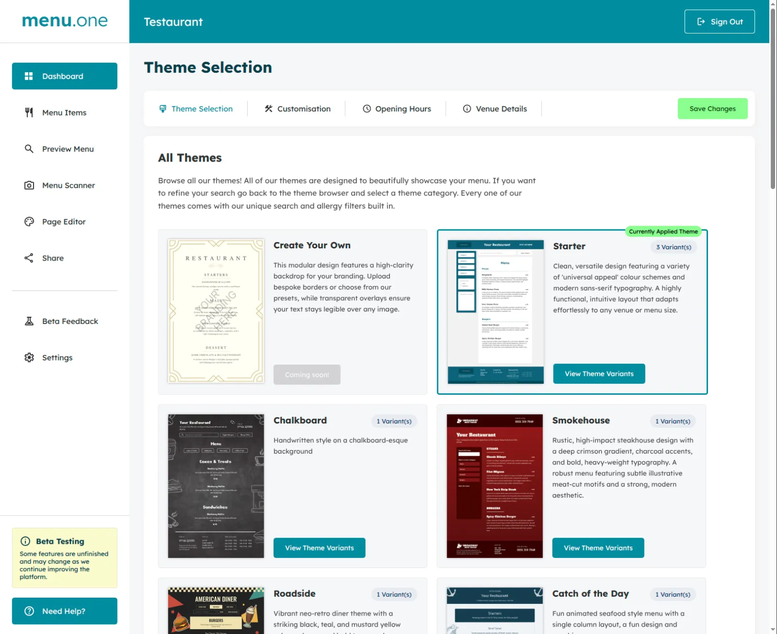 Screenshot of Menu One
