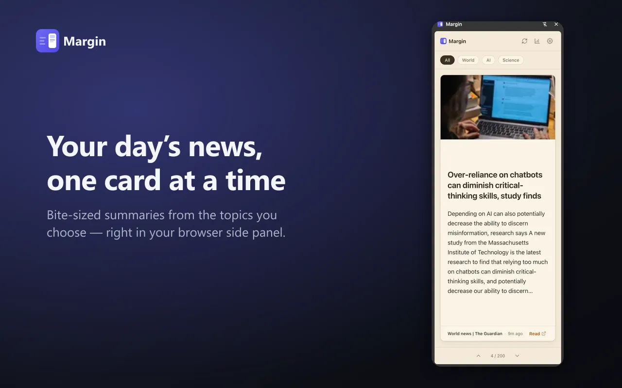 Screenshot of Margin - Bite-sized news in your side panel.