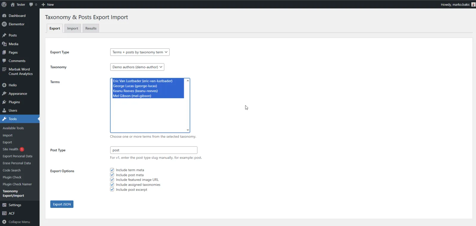 Screenshot of Marbak Taxonomy & Posts Transfer
