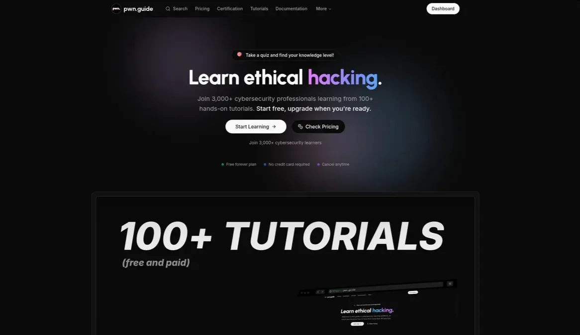 Screenshot of pwn.guide - Master Cybersecurity with Hands-On Tutorials