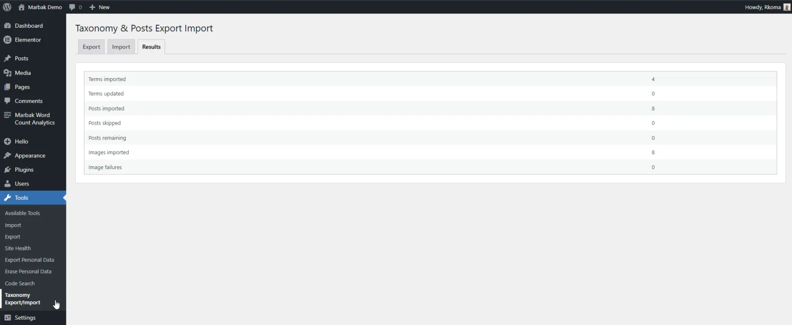 Screenshot of Marbak Taxonomy & Posts Transfer