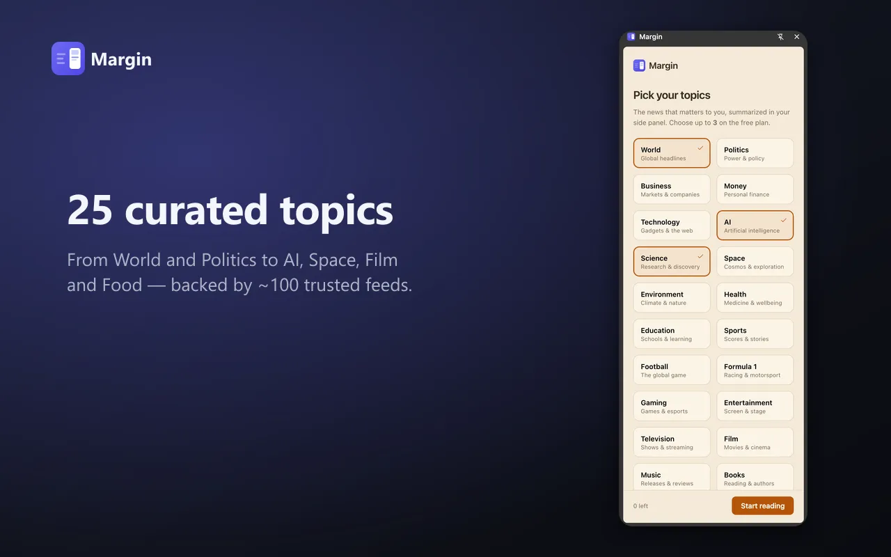 Screenshot of Margin - Bite-sized news in your side panel.