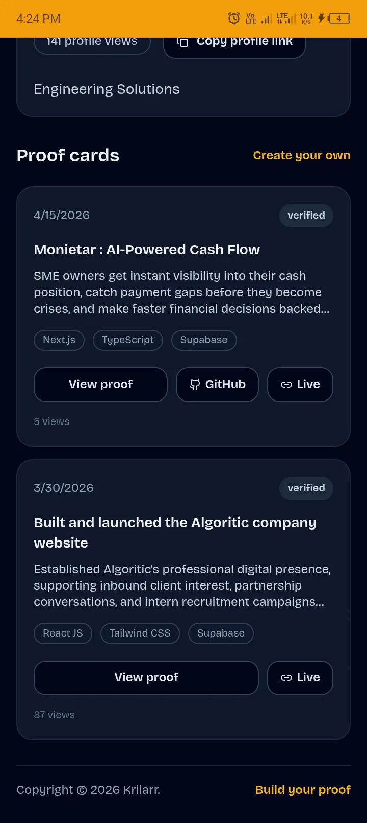 Screenshot of Krilarr - Verifiable Work for Developers and Freelancers