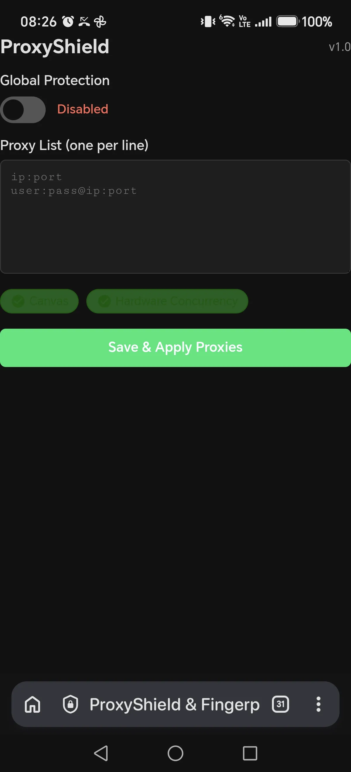 Screenshot of ProxyShield & Fingerprint Camouflage