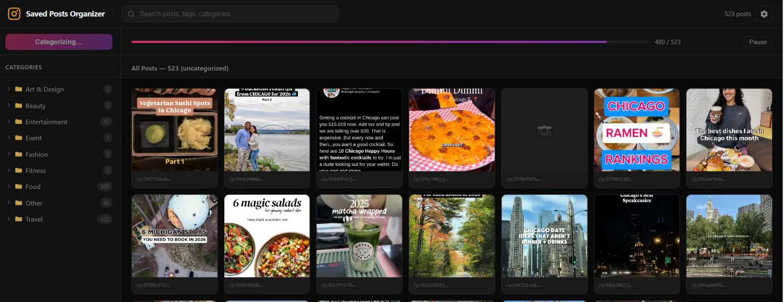 Screenshot of Instagram Saved Posts Organizer