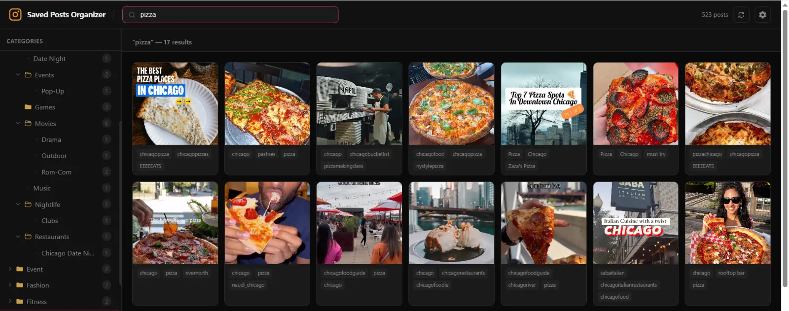 Screenshot of Instagram Saved Posts Organizer