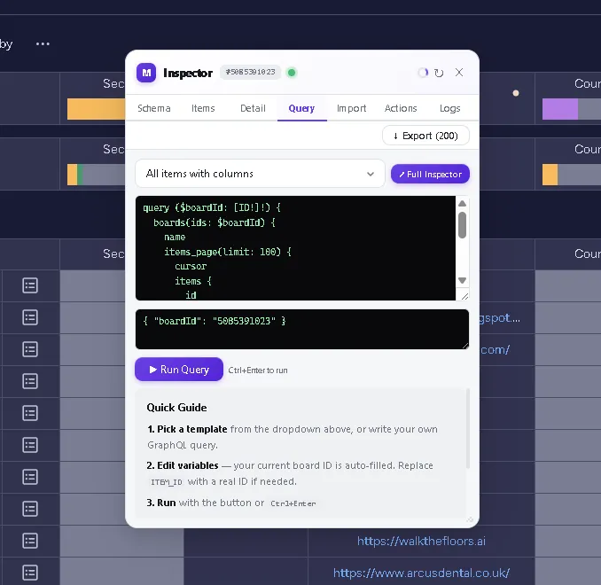 Screenshot of Monday Inspector