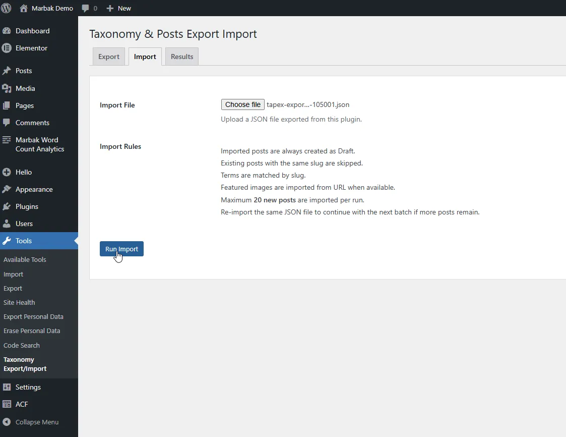 Screenshot of Marbak Taxonomy & Posts Transfer