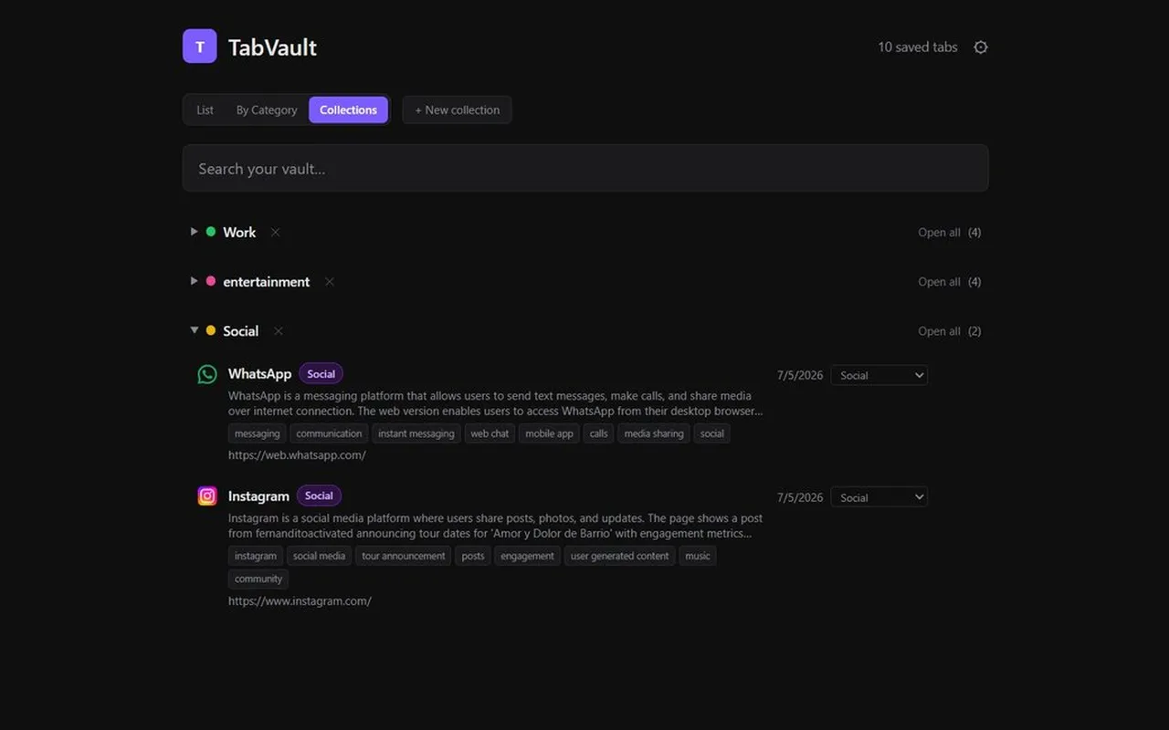 Screenshot of TabVault — AI Tab Manager