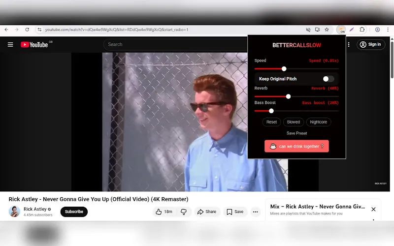 Screenshot of BetterCallSlow(Slow, reverb for Youtube, Spotify, Soundcloud)