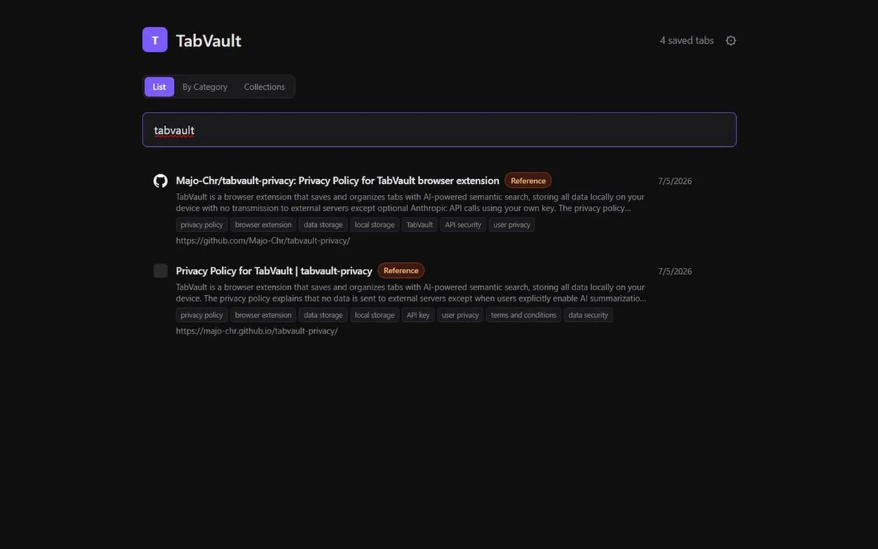 Screenshot of TabVault — AI Tab Manager