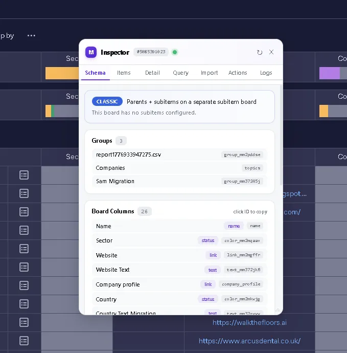 Screenshot of Monday Inspector