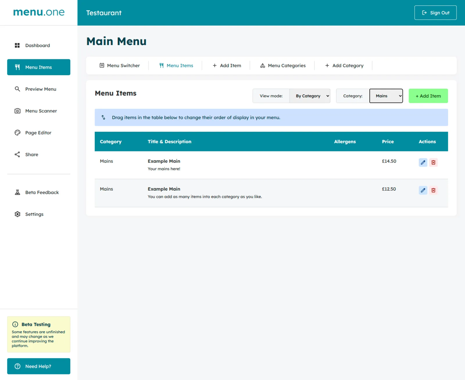 Screenshot of Menu One