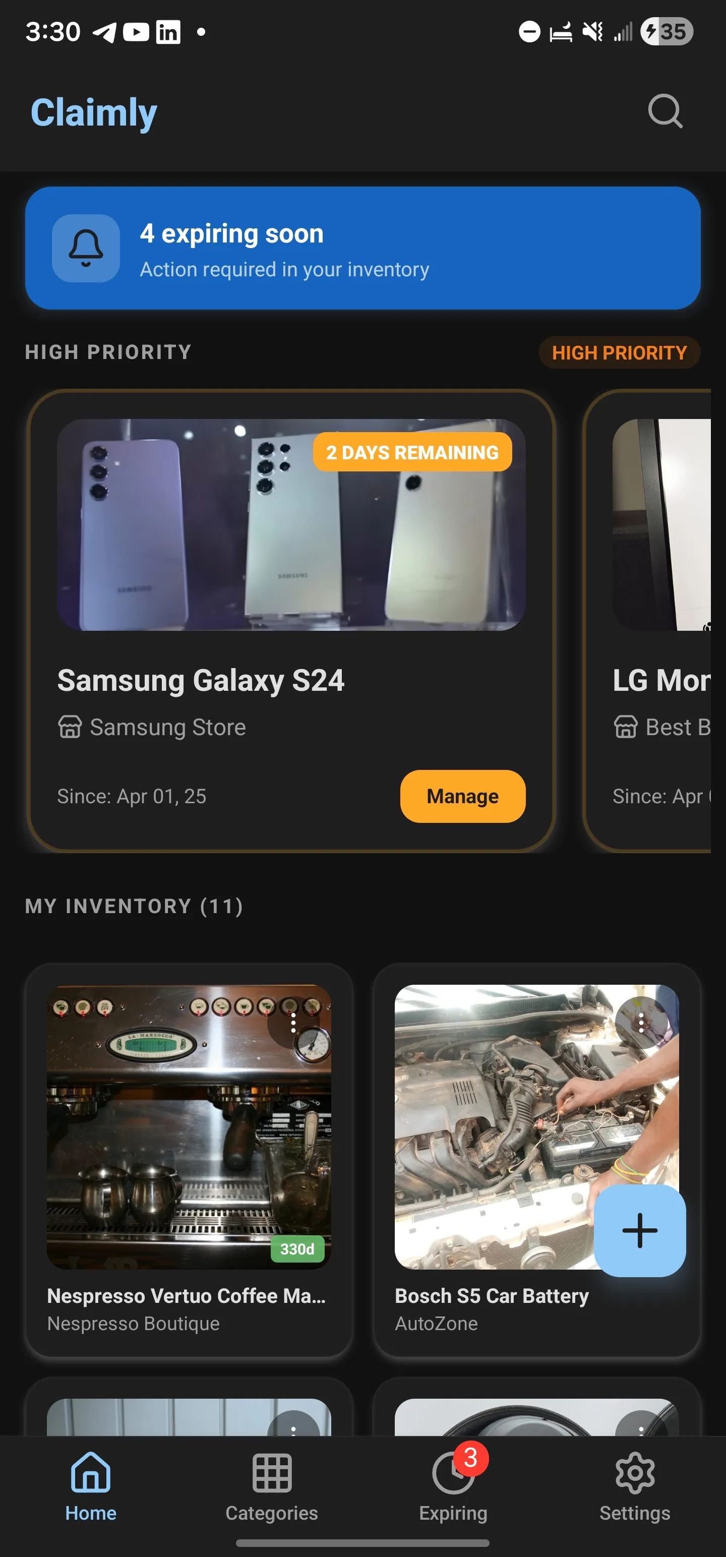 Screenshot of Claimly: Warranty & Receipts