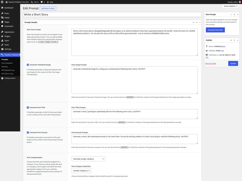 Screenshot of Pipeline Publisher - An AI Autoblogger for WordPress