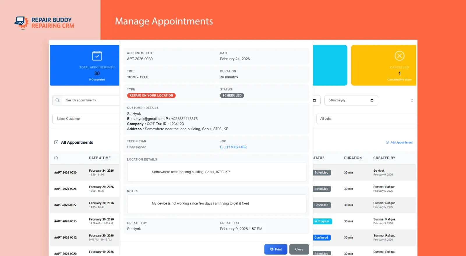 Screenshot of RepairBuddy – Repair Shop CRM & Booking System