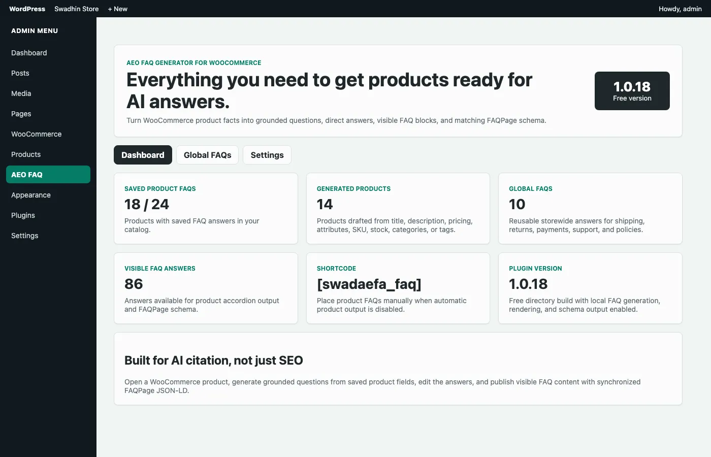 Screenshot of AEO FAQ Generator for WooCommerce