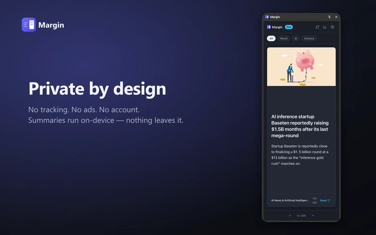Screenshot of Margin - Bite-sized news in your side panel.