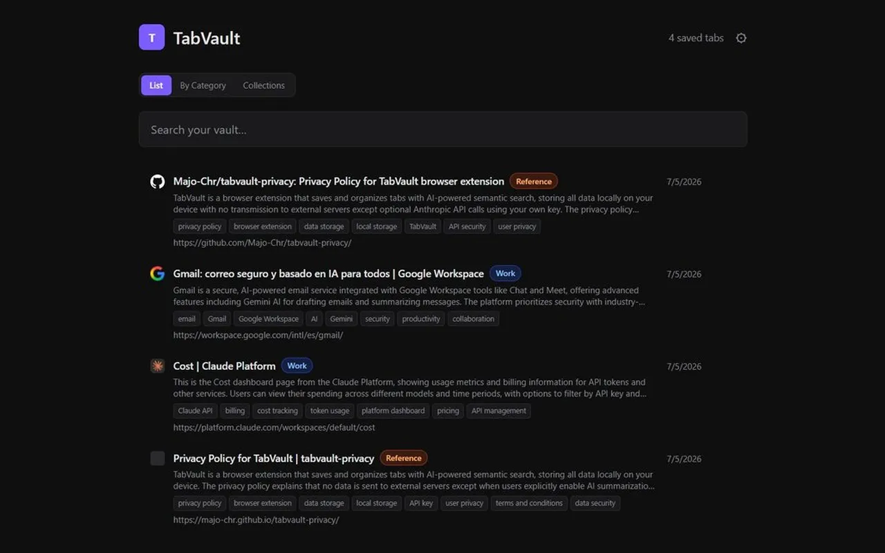 Screenshot of TabVault — AI Tab Manager